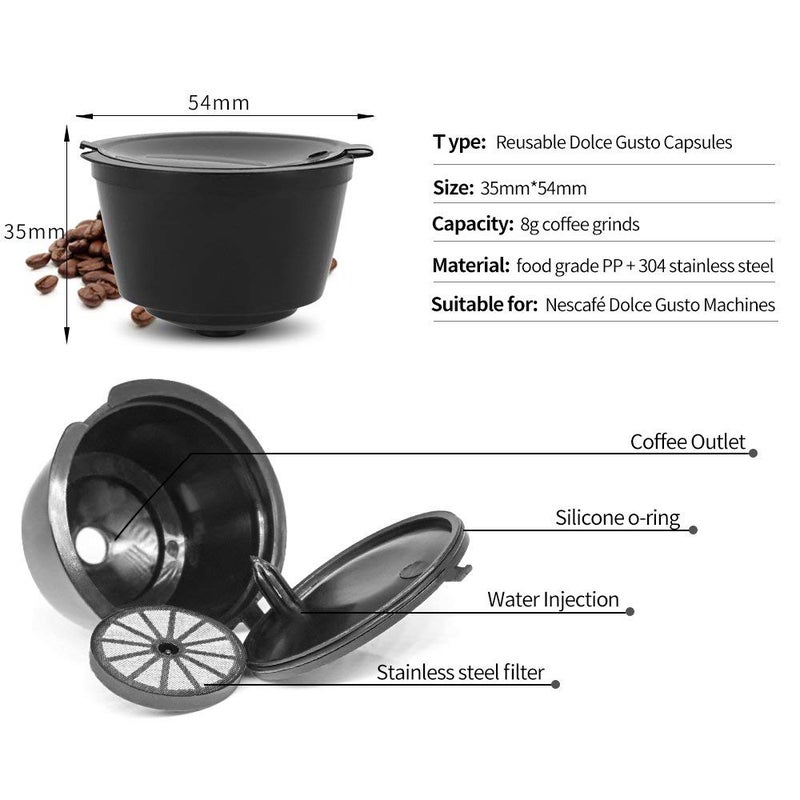 BRBHOM 6 Refillable D*lce Gu*to Coffee Capsule,Reusable D*lce Gu*to Coffee Filter with Coffee Spoon,Brush (6Pcs Black) - Image 2